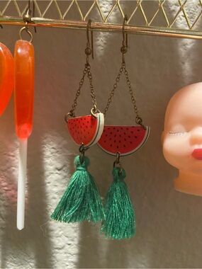 Watermelon Tassel Dangle Earrings - Red & Green